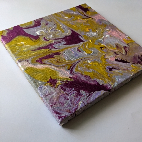 Hand Crafted Acrylic Pour Painting Yellow and Purple 10x10 - Picture 6 of 7